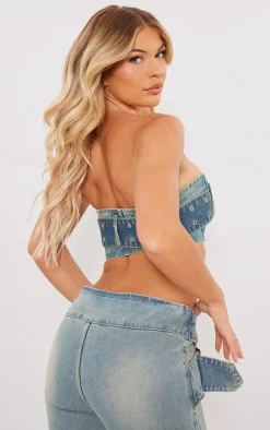 Outlet PrettyLittleThing Green Tint Belt Detail Denim Bandeau Crop Top Vintage Wash