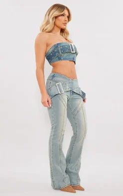 Outlet PrettyLittleThing Green Tint Belt Detail Denim Bandeau Crop Top Vintage Wash