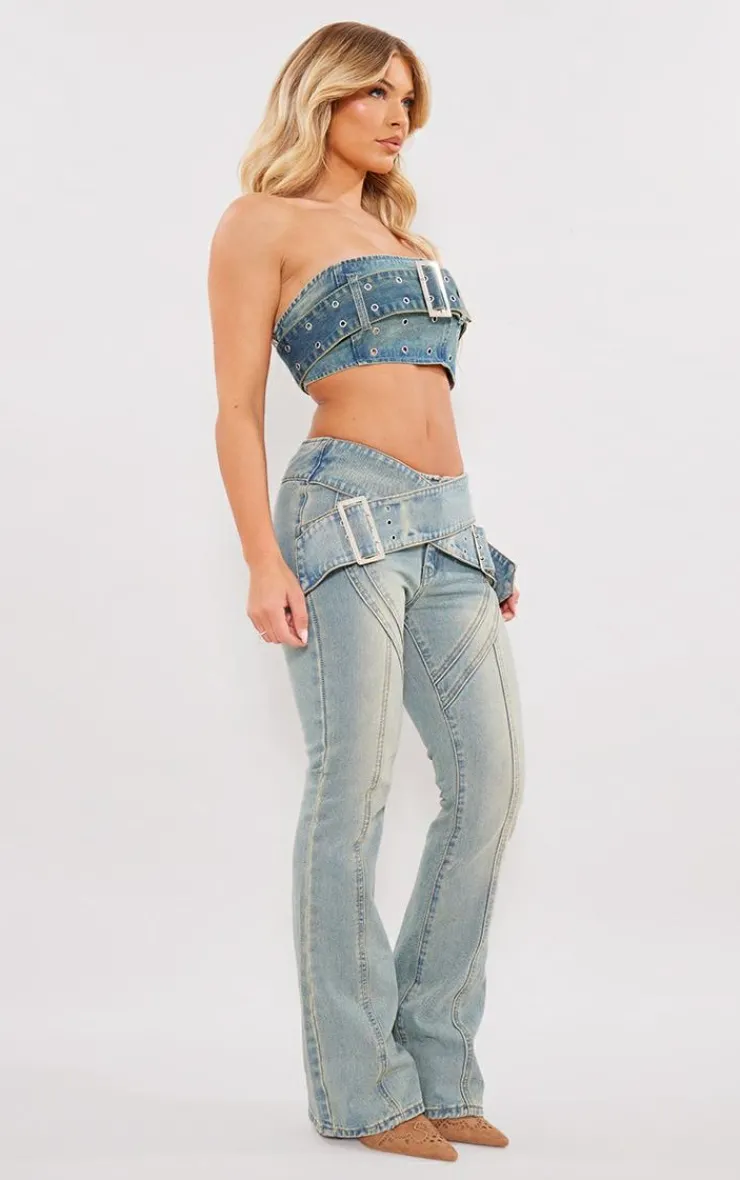 Outlet PrettyLittleThing Green Tint Belt Detail Denim Bandeau Crop Top Vintage Wash