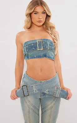 Outlet PrettyLittleThing Green Tint Belt Detail Denim Bandeau Crop Top Vintage Wash