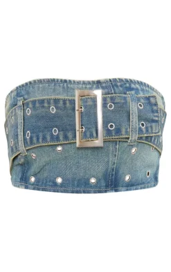 Outlet PrettyLittleThing Green Tint Belt Detail Denim Bandeau Crop Top Vintage Wash