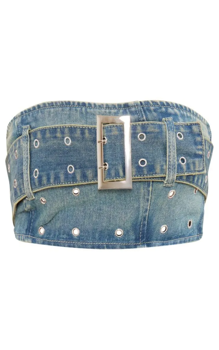 Outlet PrettyLittleThing Green Tint Belt Detail Denim Bandeau Crop Top Vintage Wash