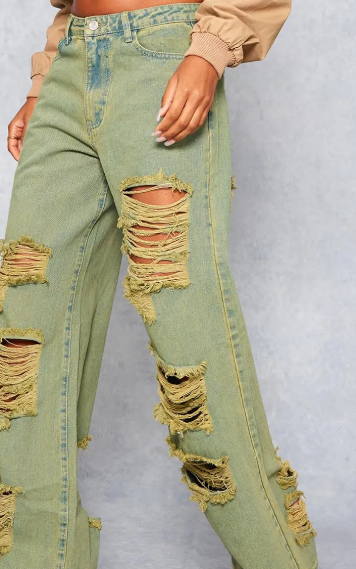 Vintage Wash Green Tint Distressed Extreme Wide Leg Jeans