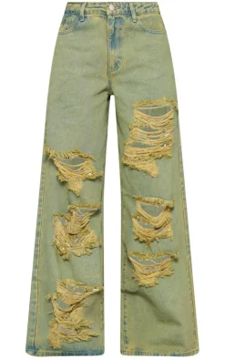 Vintage Wash Green Tint Distressed Extreme Wide Leg Jeans