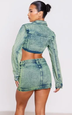 Best PrettyLittleThing Green Tint Dipped Hem Denim Jacket Vintage Wash