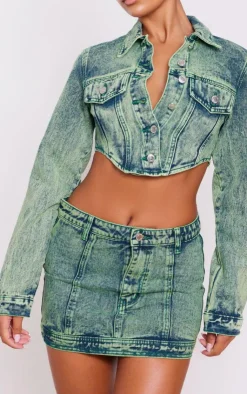 Best PrettyLittleThing Green Tint Dipped Hem Denim Jacket Vintage Wash