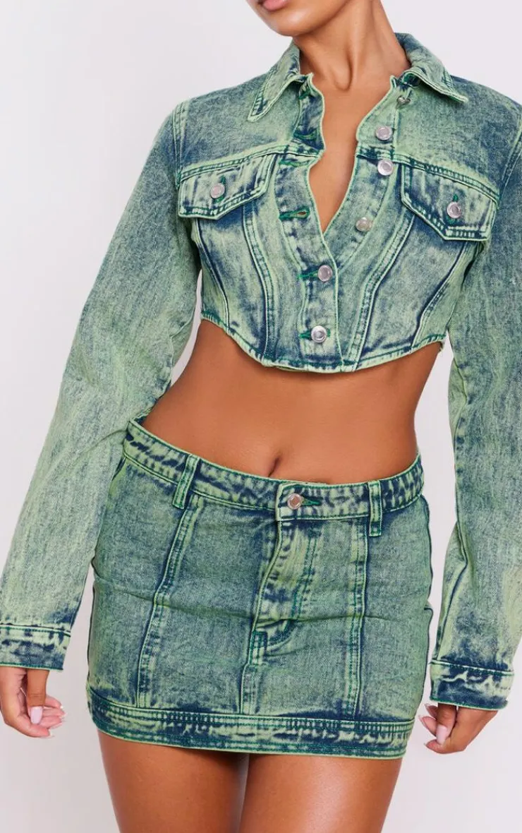 Best PrettyLittleThing Green Tint Dipped Hem Denim Jacket Vintage Wash