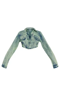 Best PrettyLittleThing Green Tint Dipped Hem Denim Jacket Vintage Wash