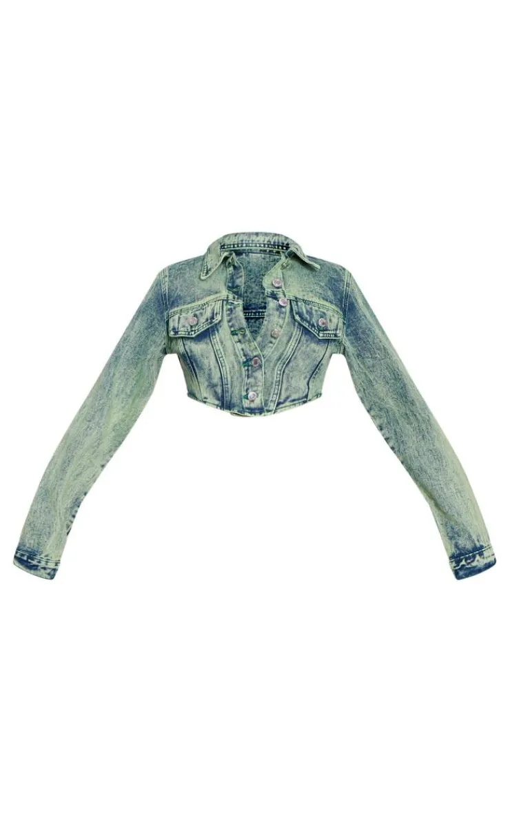 Best PrettyLittleThing Green Tint Dipped Hem Denim Jacket Vintage Wash
