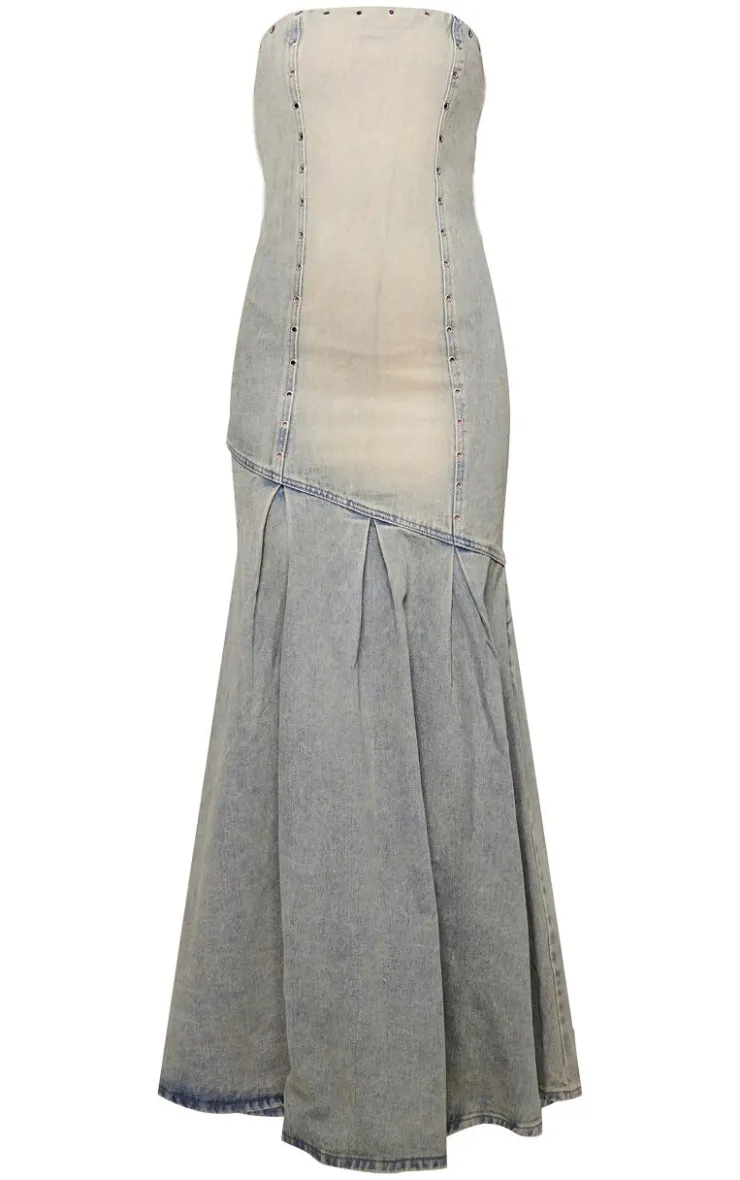 Green Tint Studded Seam Detail Frill Hem Denim Maxi Dress-PrettyLittleThing New