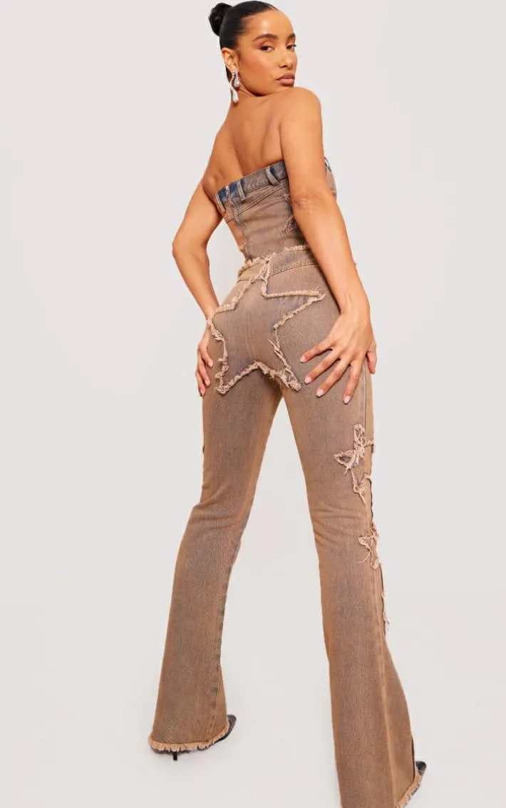 Vintage Wash Orange Tint Raw Hem Star Embroidery Flared Jeans