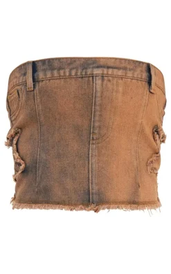 New PrettyLittleThing Orange Tint Raw Hem Star Embroidery Bandeau Denim Top Vintage Wash