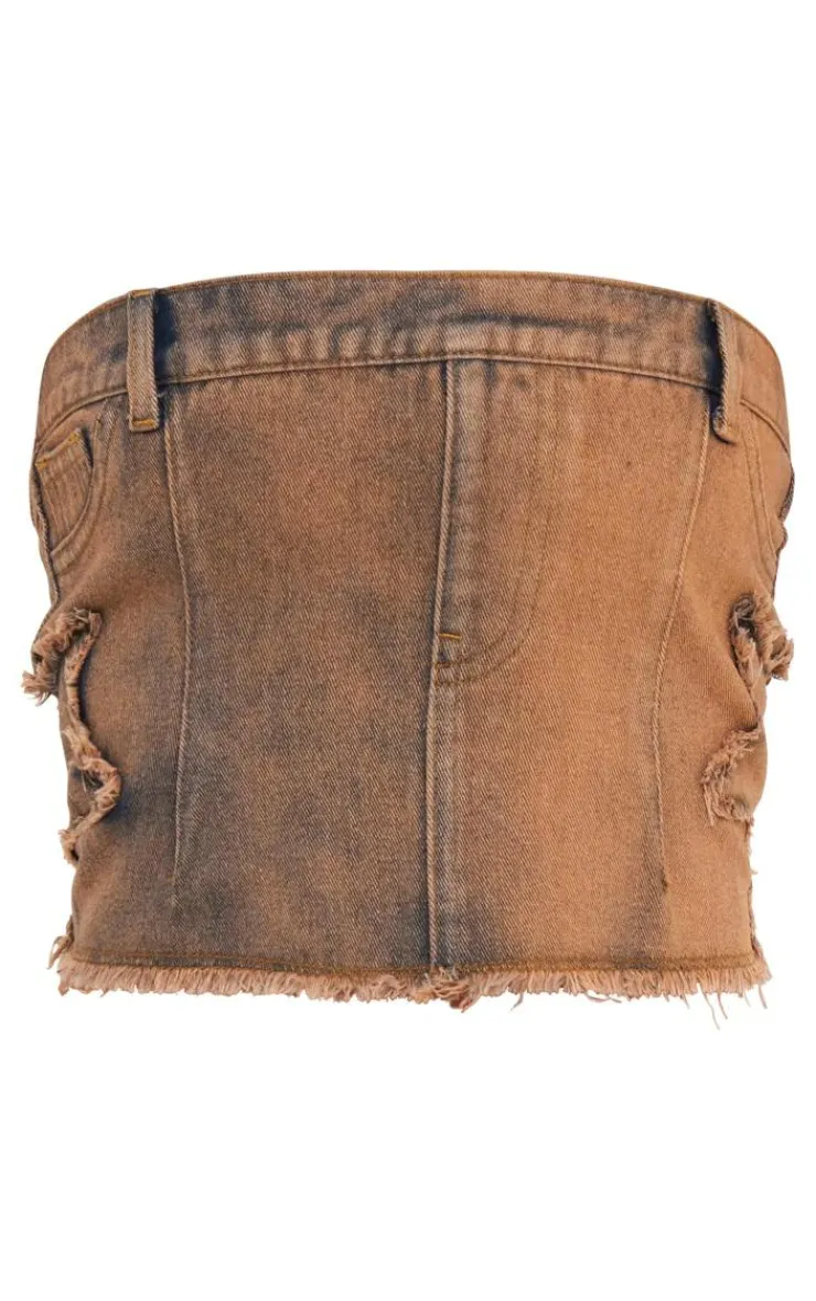 New PrettyLittleThing Orange Tint Raw Hem Star Embroidery Bandeau Denim Top Vintage Wash