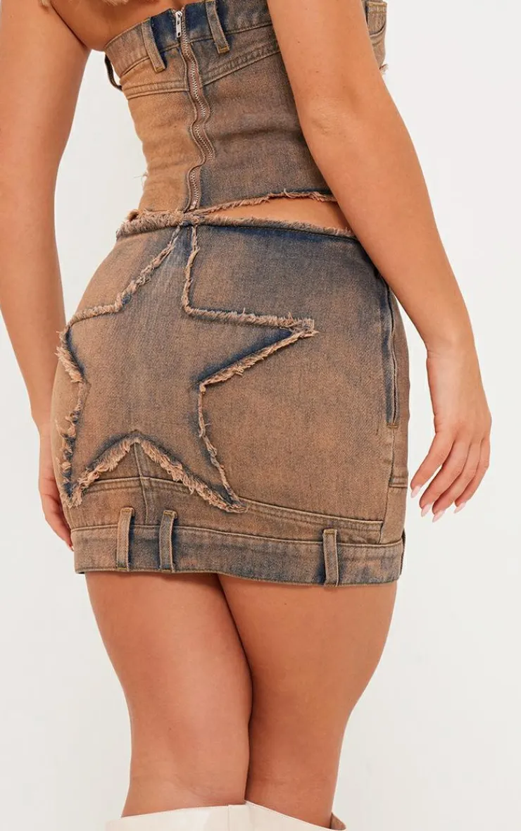 PrettyLittleThing Orange Tint Raw Hem Star Embroidery Denim Mini Skirt Vintage Wash