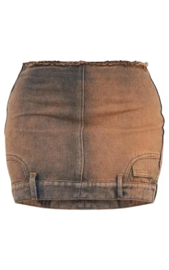 PrettyLittleThing Orange Tint Raw Hem Star Embroidery Denim Mini Skirt Vintage Wash
