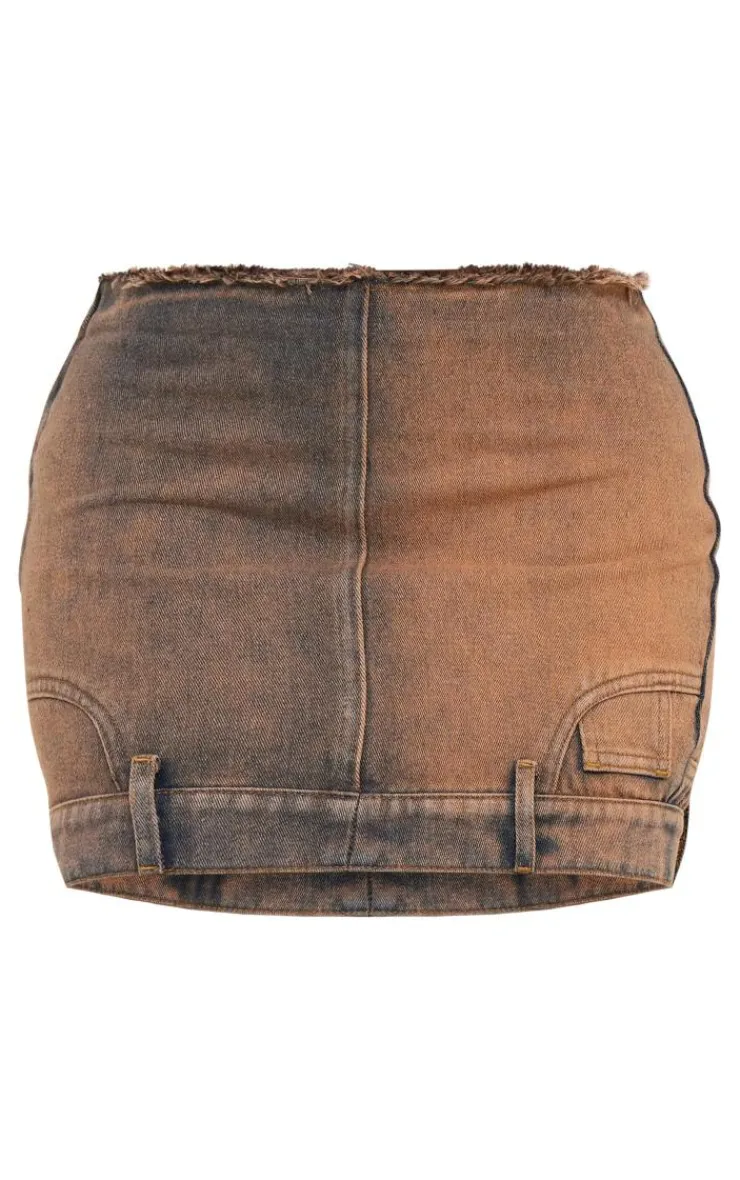 PrettyLittleThing Orange Tint Raw Hem Star Embroidery Denim Mini Skirt Vintage Wash