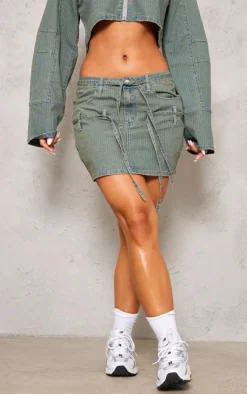 Clearance PrettyLittleThing Pinstripe Tie Detail Denim Mini Skirt Vintage Wash