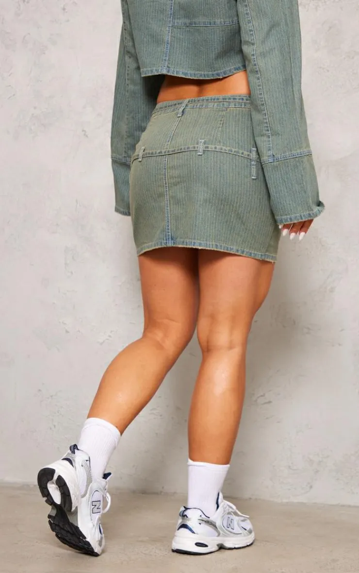 Clearance PrettyLittleThing Pinstripe Tie Detail Denim Mini Skirt Vintage Wash