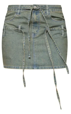 Clearance PrettyLittleThing Pinstripe Tie Detail Denim Mini Skirt Vintage Wash