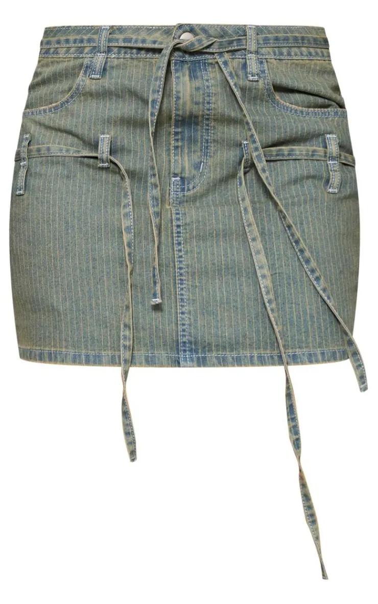 Clearance PrettyLittleThing Pinstripe Tie Detail Denim Mini Skirt Vintage Wash
