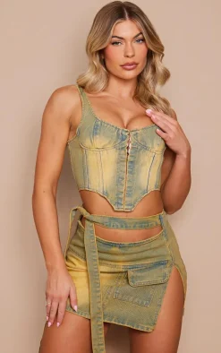 New PrettyLittleThing Pocket Detail Micro Mini Denim Skirt Vintage Wash