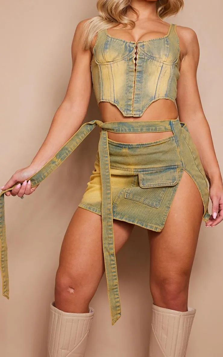New PrettyLittleThing Pocket Detail Micro Mini Denim Skirt Vintage Wash
