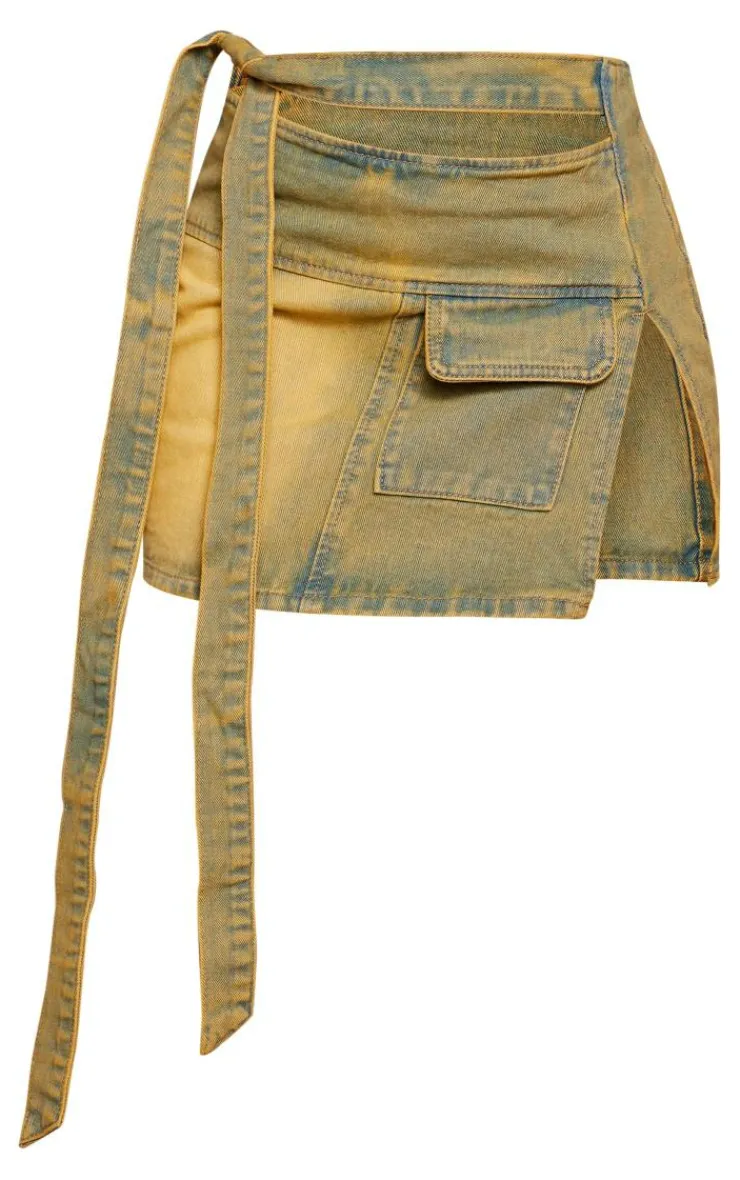 New PrettyLittleThing Pocket Detail Micro Mini Denim Skirt Vintage Wash