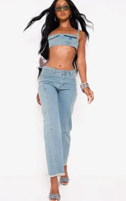 Clearance PrettyLittleThing Pocket Detail Denim Bralette Vintage Wash