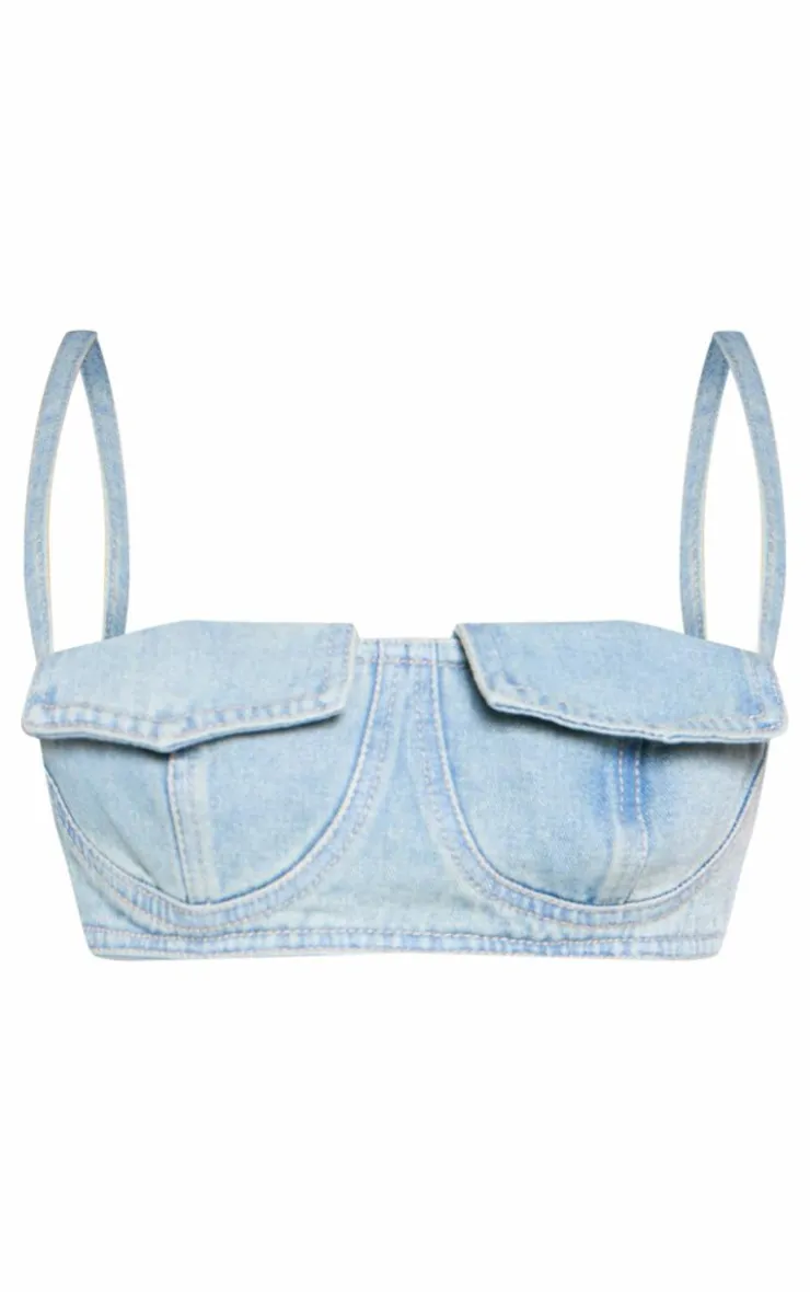 Clearance PrettyLittleThing Pocket Detail Denim Bralette Vintage Wash