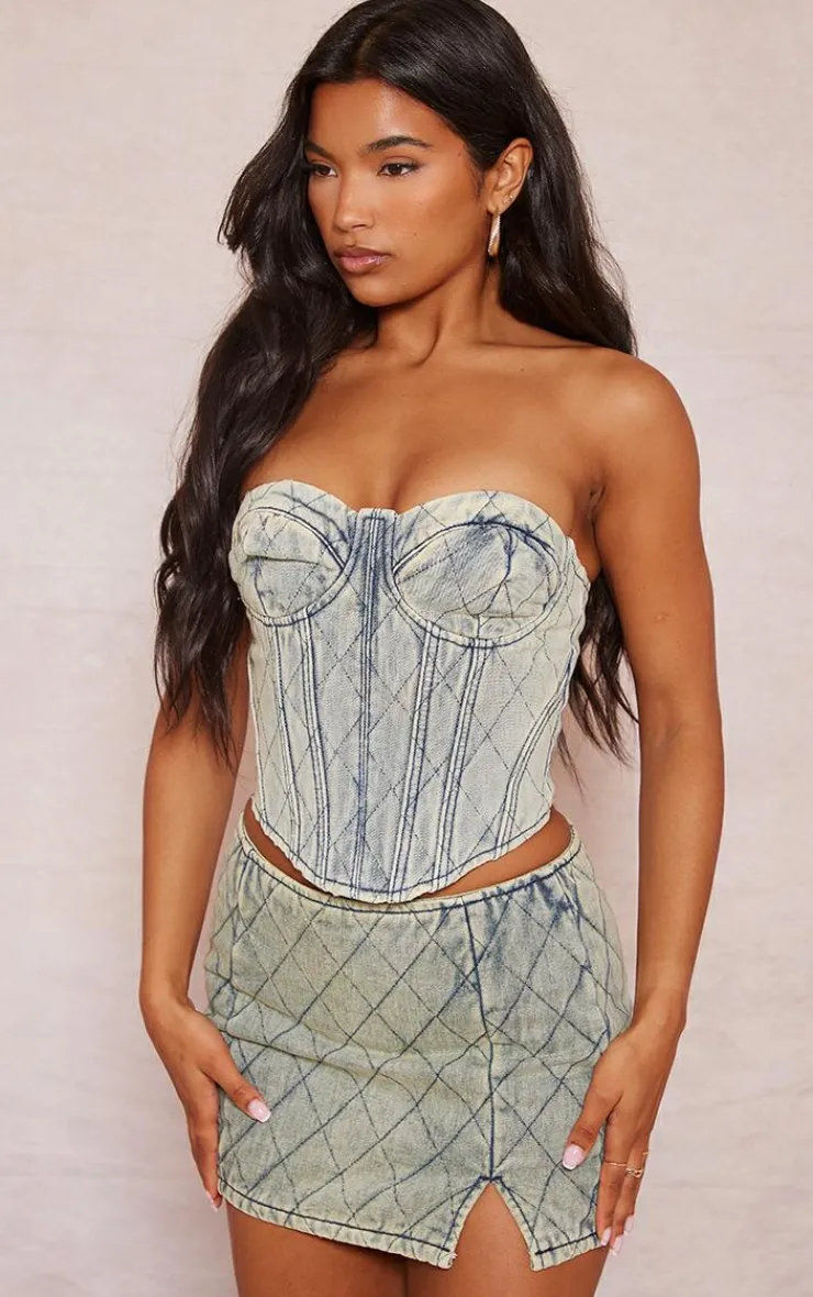 Hot PrettyLittleThing Quilted Denim Mini Skirt Vintage Wash
