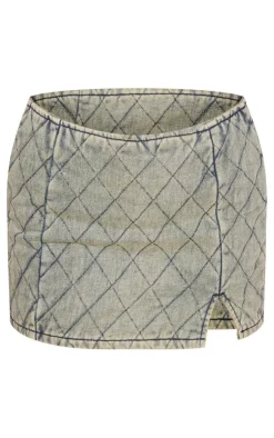 Hot PrettyLittleThing Quilted Denim Mini Skirt Vintage Wash