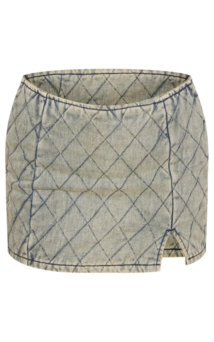Hot PrettyLittleThing Quilted Denim Mini Skirt Vintage Wash