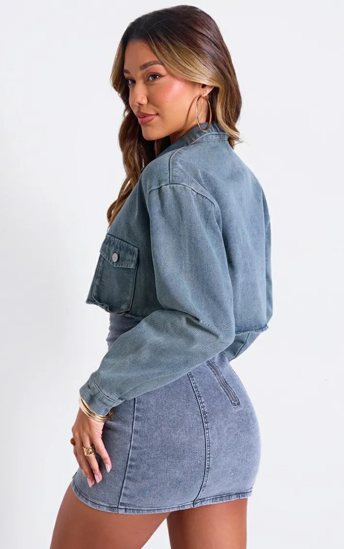 Vintage Wash Raw Edge Cropped Denim Jacket