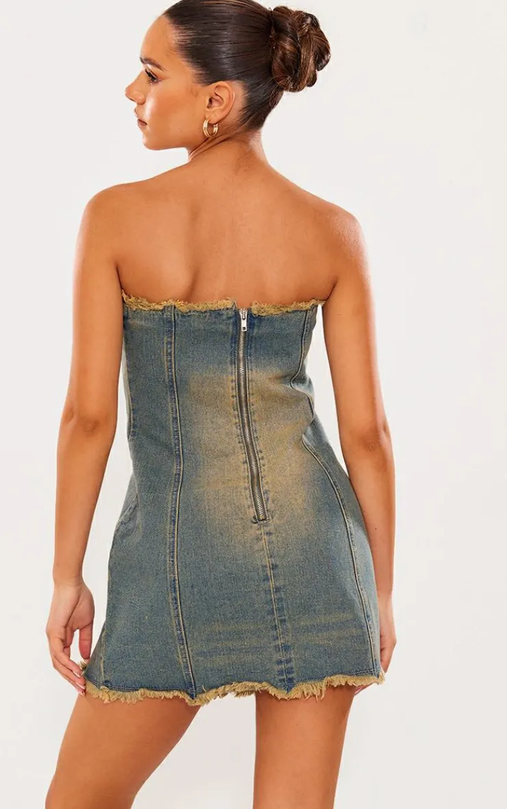 Raw Edge Split Detail Denim Bandeau Mini Dress-PrettyLittleThing Outlet