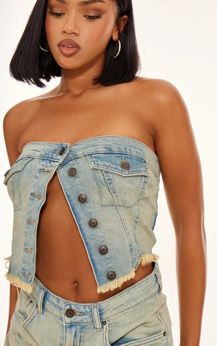 Best PrettyLittleThing Raw Hem Denim Corset Vintage Wash