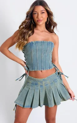 Discount PrettyLittleThing Seam Detail Side Lace Up Denim Corset Top Vintage Wash