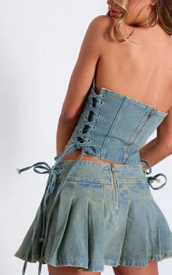 Discount PrettyLittleThing Seam Detail Side Lace Up Denim Corset Top Vintage Wash