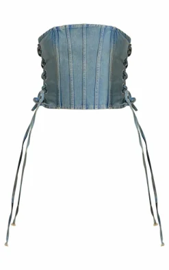 Discount PrettyLittleThing Seam Detail Side Lace Up Denim Corset Top Vintage Wash