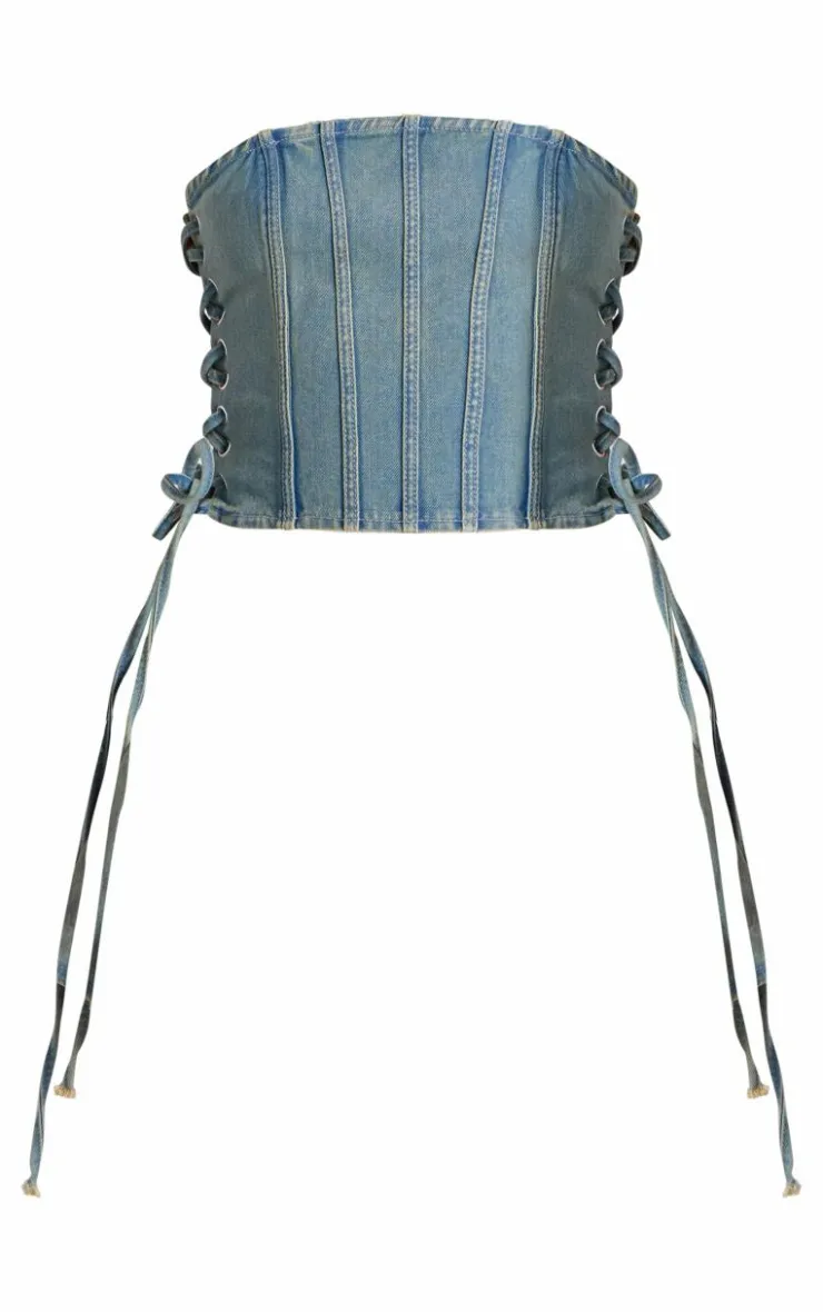 Discount PrettyLittleThing Seam Detail Side Lace Up Denim Corset Top Vintage Wash