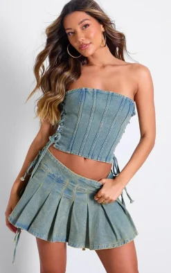 Sale PrettyLittleThing Side Lace Up Pleated Denim Mini Skirt Vintage Wash