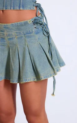 Sale PrettyLittleThing Side Lace Up Pleated Denim Mini Skirt Vintage Wash