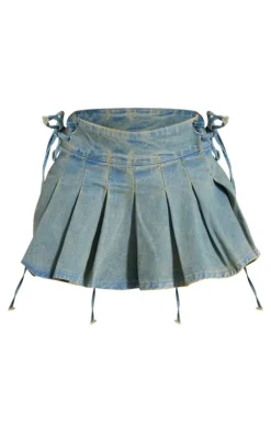 Sale PrettyLittleThing Side Lace Up Pleated Denim Mini Skirt Vintage Wash