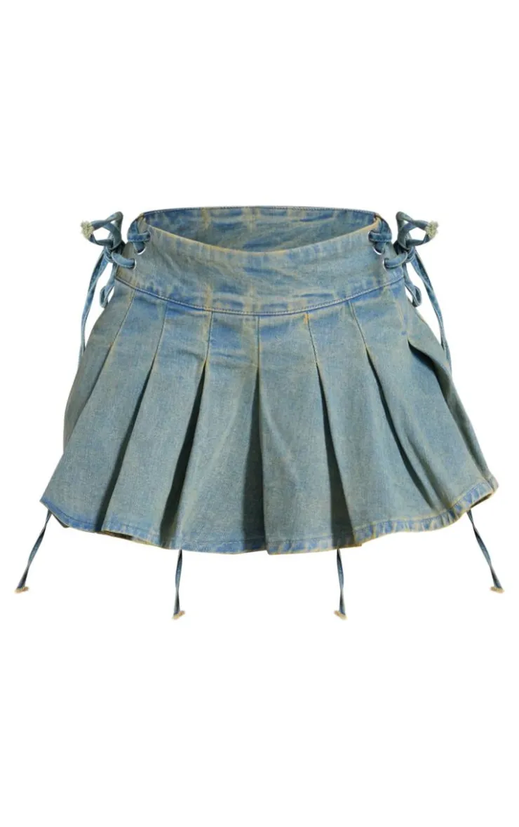 Sale PrettyLittleThing Side Lace Up Pleated Denim Mini Skirt Vintage Wash