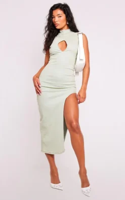 Side Split Stretch Denim Midi Dress-PrettyLittleThing Online
