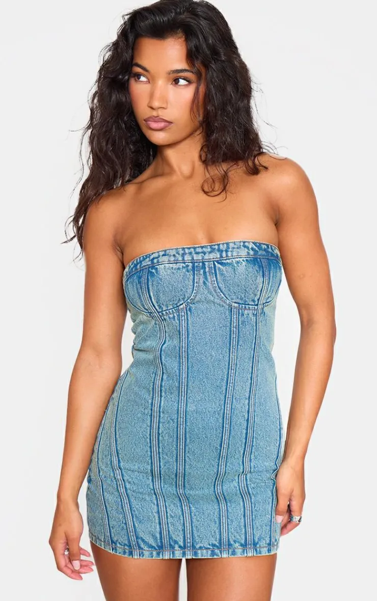 Strapless Corset Seam Denim Bodycon Dress-PrettyLittleThing Sale