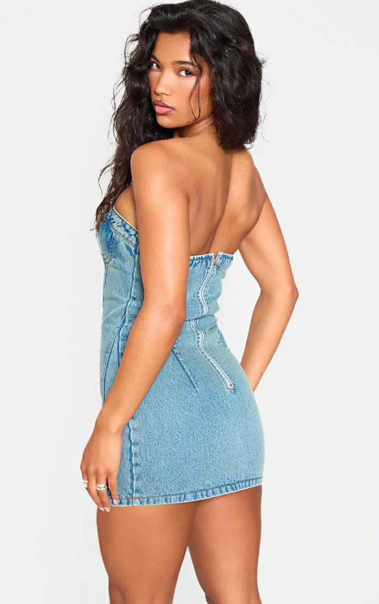 Strapless Corset Seam Denim Bodycon Dress-PrettyLittleThing Sale