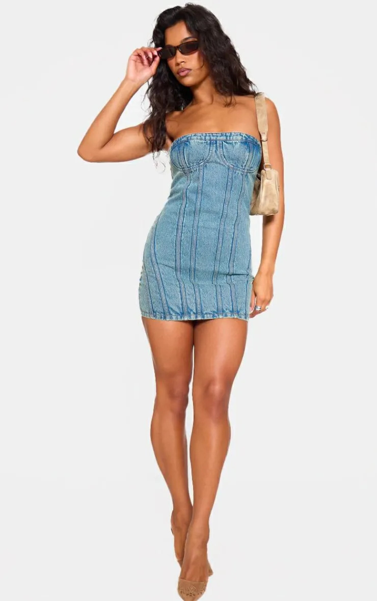 Strapless Corset Seam Denim Bodycon Dress-PrettyLittleThing Sale