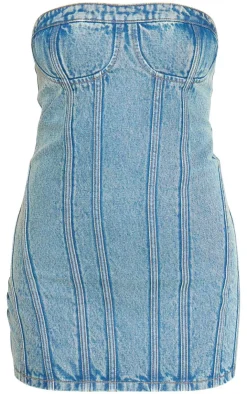 Strapless Corset Seam Denim Bodycon Dress-PrettyLittleThing Sale