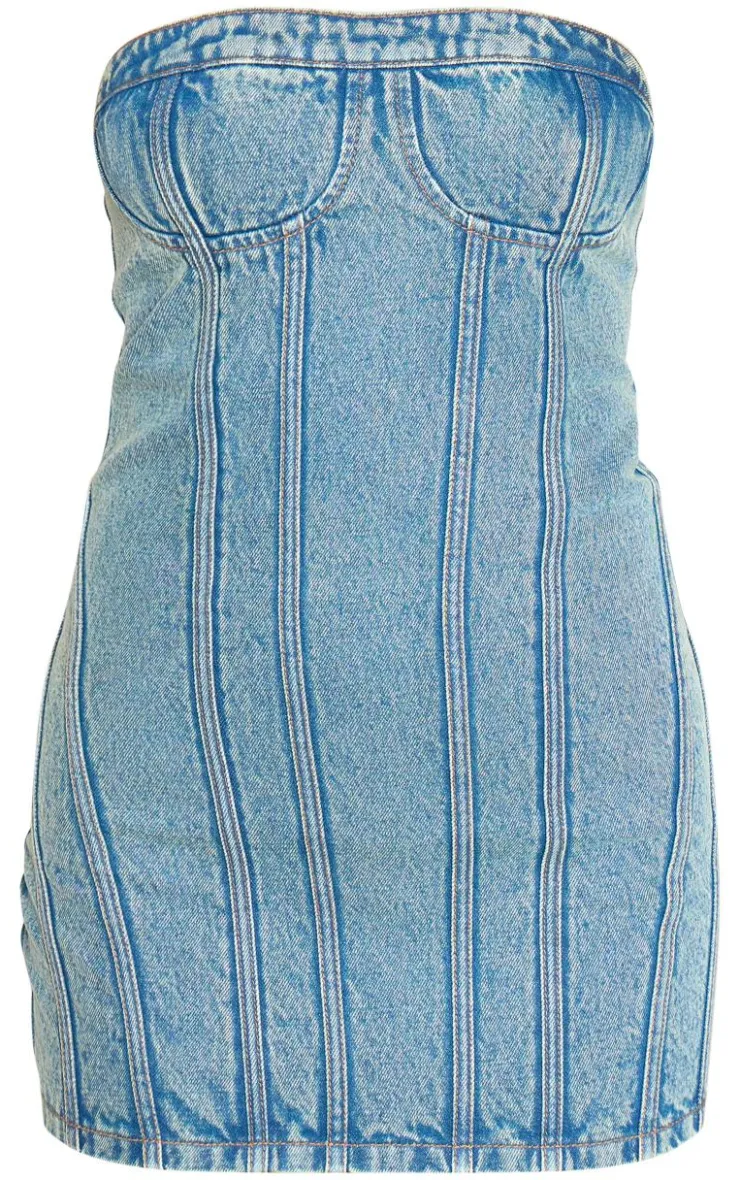 Strapless Corset Seam Denim Bodycon Dress-PrettyLittleThing Sale