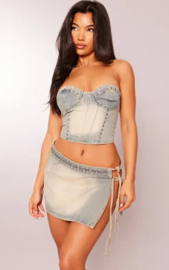 Outlet PrettyLittleThing Studded Bandeau Denim Crop Top Vintage Wash